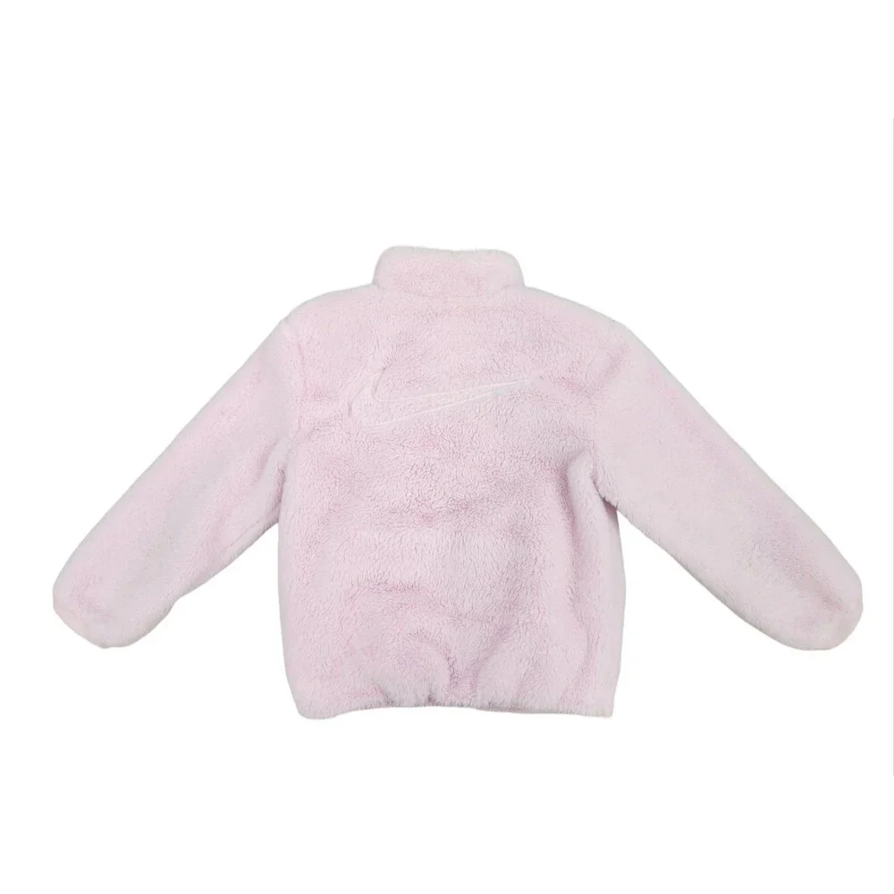 Nike Girls Faux Fur Fuzzy Swoosh Bomber Jacket Pink Size 5-6 Medium